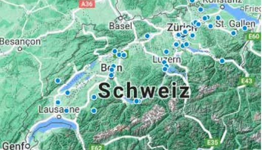 Verbreitung der 2021 kartierten Nistplätze von freilebenden Honigbienenvölkern auf der Alpennordseite durch das Citizen-Science-Projekt Swiss BeeMapping.