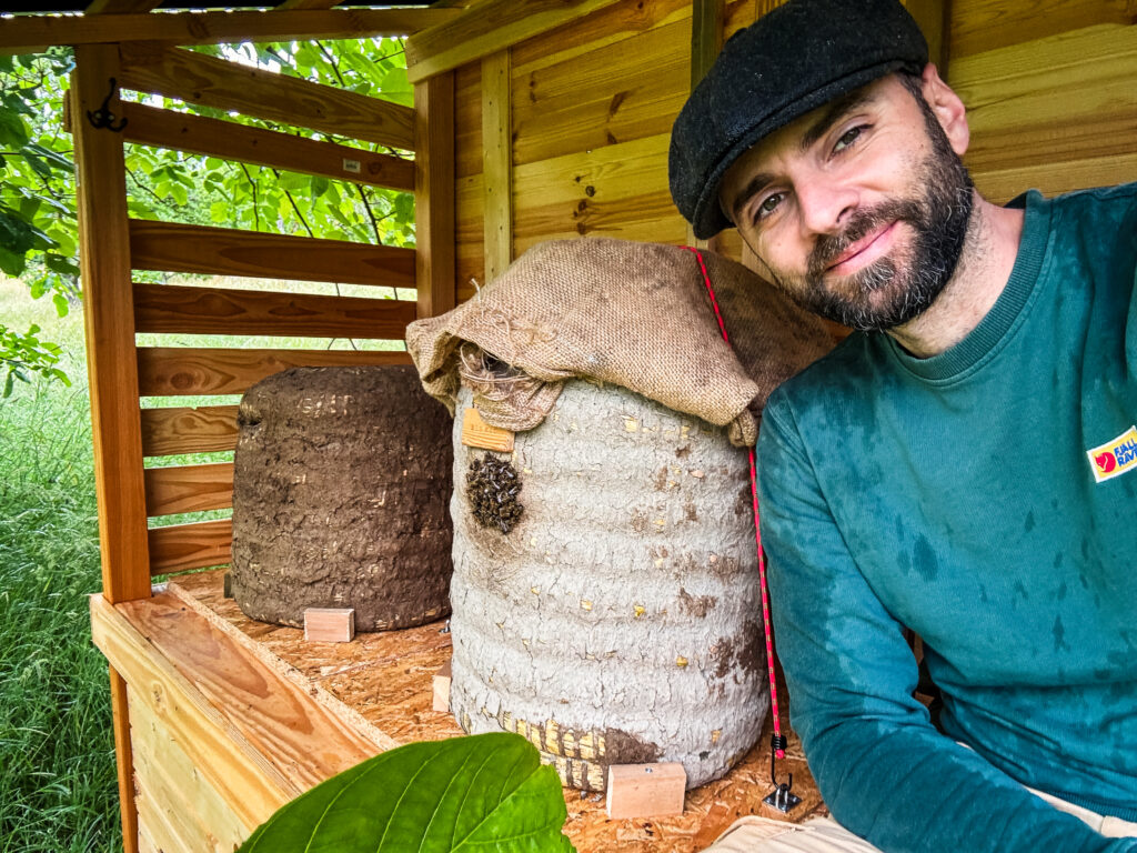 Bienen versammeln sich vor dem Flugloch eines Lüneburger Stülper an einem regnerischen Tag
