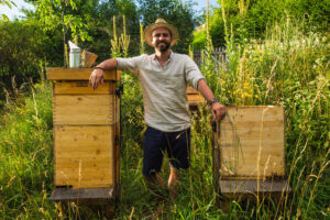 Ante mit einem besetzten Dadant-hochkant Bienenrahmen