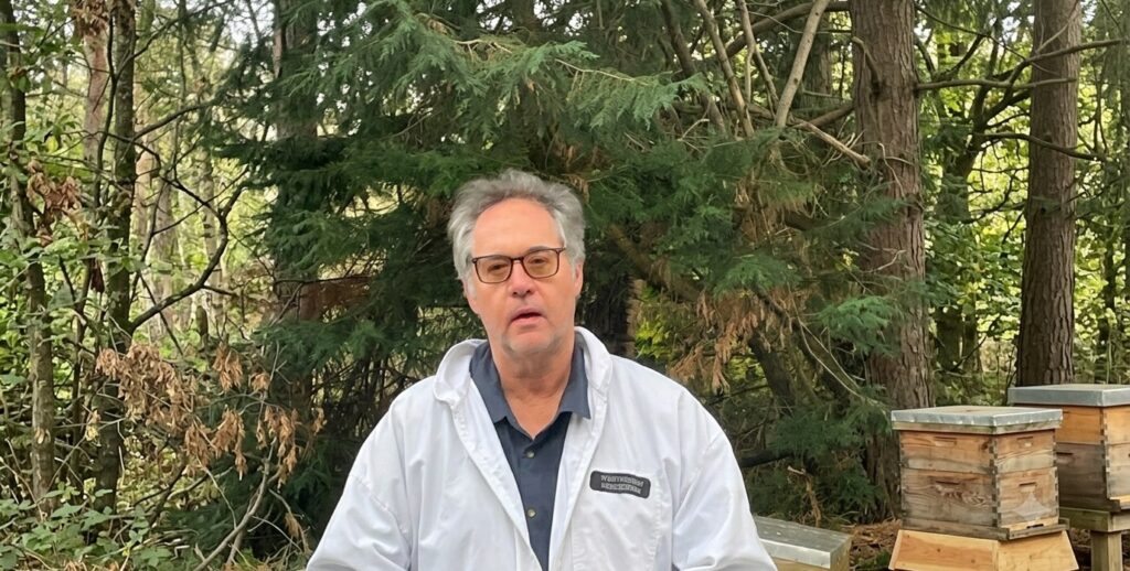 Steve Riley vor seinen Bienenbeuten im Wald